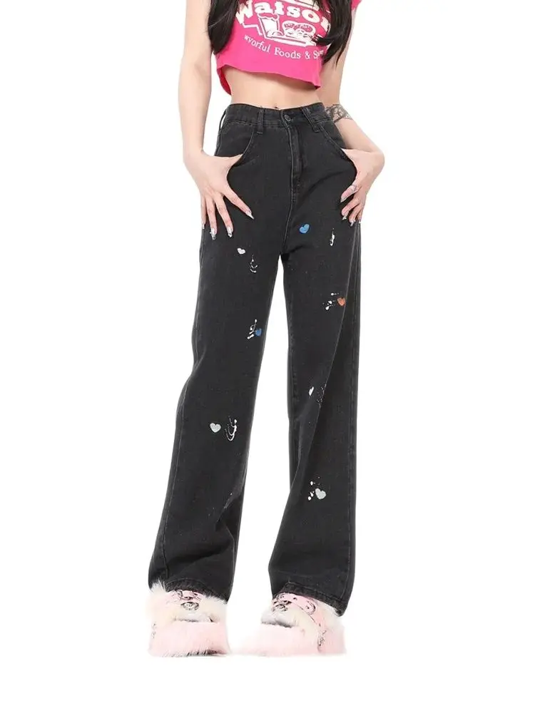 

American Fashion Design Graffiti Jeans Women Autumn and Winter High Street Retro Loose Straight Black Pants Floor Mopping Pants