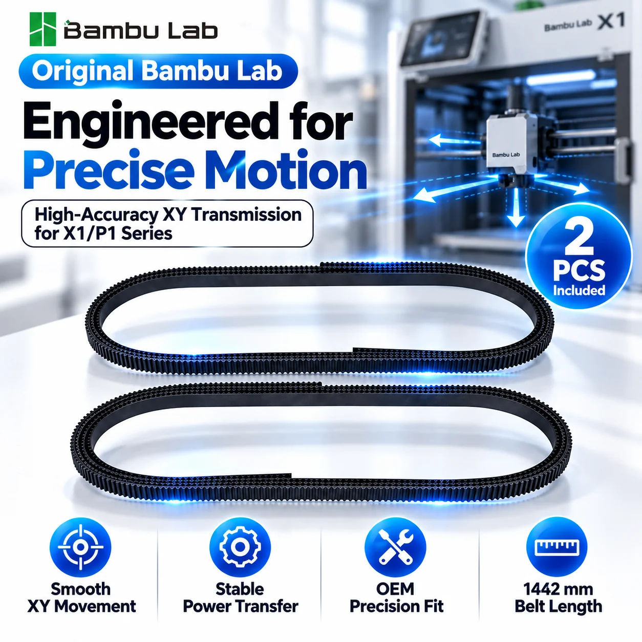 Original Bambu Lab X1 P1 XY Timing Belt Set 2PCS 1442mm Rubber Fiberglass Replacement Part for 3D Printer