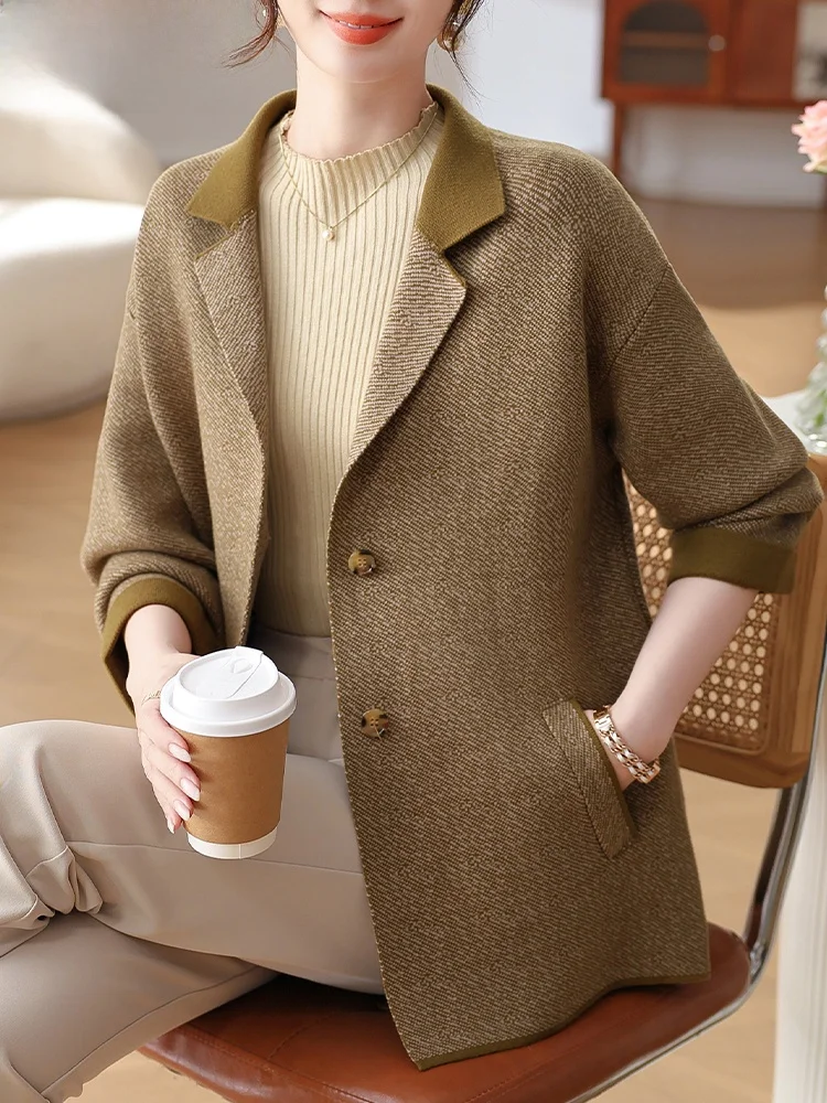 

Ele Knitted Woolen Coat for Middle-Aged Women Autumn Faion Outerwear Straight Cut Sle Button Detail Mid-Length Jaet