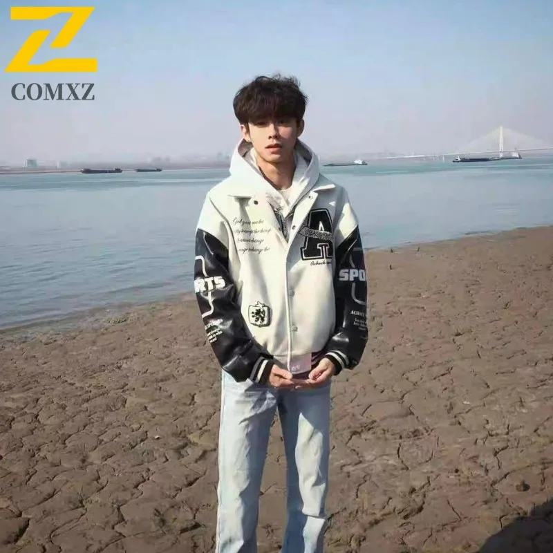 

COMXZ Loose Versatile Jackets Letter Print Casual Ins Hong Kong Outdoor Travel Camping Trench Coat Walking Men Varsity Jacket