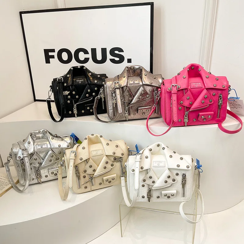 

Women's Personalized Leather Jacket Small Fashionable Rivet Shoulder Bag Trendy Versatile Clothing Accessory