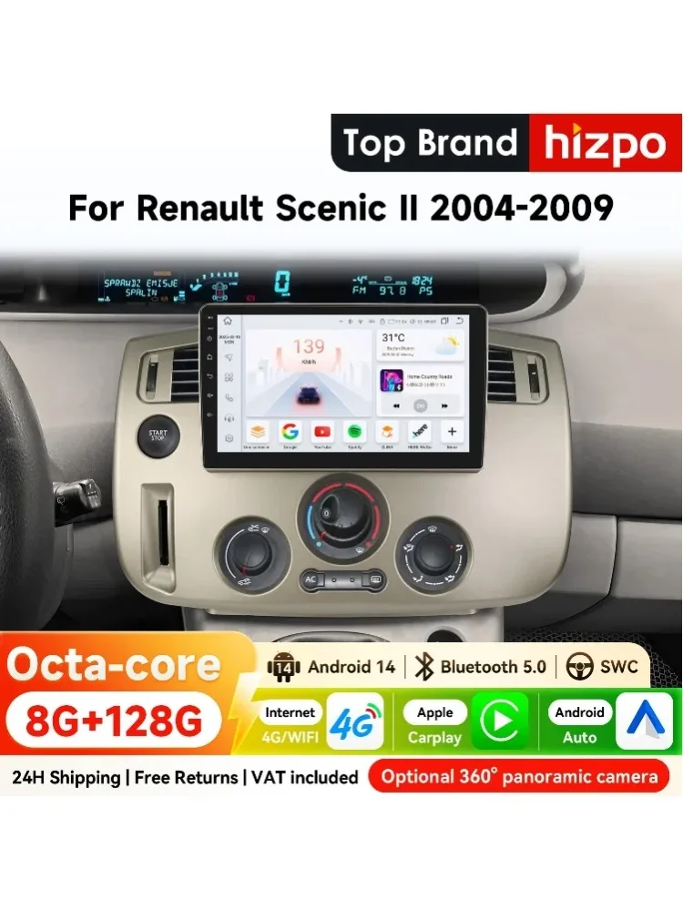 Hizpo 9 Zoll 2Din Android Autoradio für Renault Scenic Ⅱ 2004 - 2009 Snapdragon 6115 Auto CarPlay 4G Bluetooth WiFi GPS Navigation RDS DSP SWC 360 ° GLAS