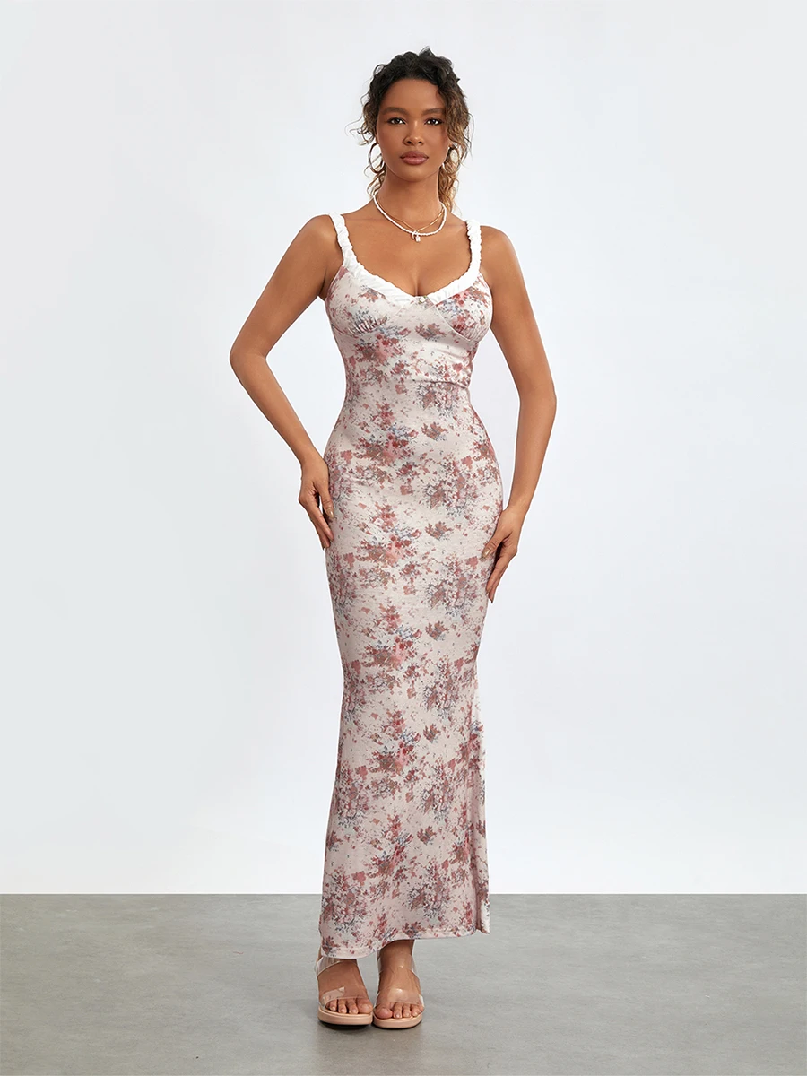 Robe longue à fleurs en fibre pour femmes, sexy, col en v, dos nu, patchwork, été, cocktail