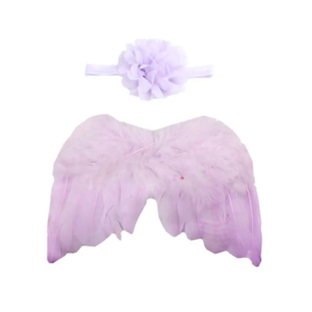 Baby Newborn Solid Color Angle Feather Wing And Flower Headband Photograph Prop Suit Infant Clothes Suit