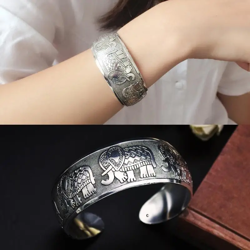 1PC Bohemian Ethnic Style Retro Silver Wide Bracelet For Women Carved Flower Opening Fashionable Bracelet Boho Vintage Jewelry