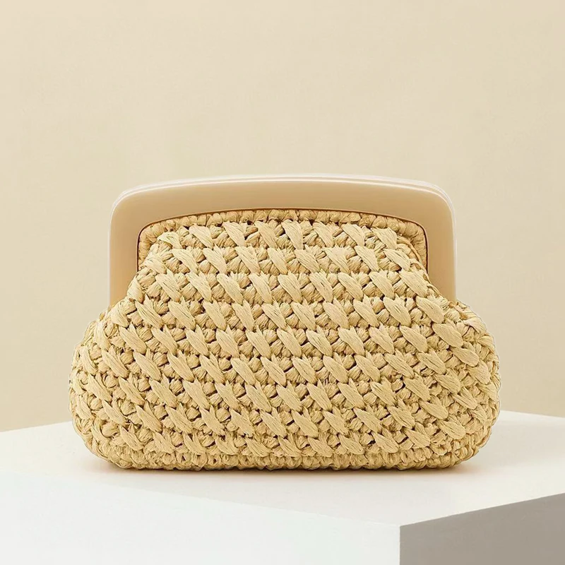 

Fashion Clutch Evening Bag For Women Luxury Designer Handbag Purse 2025 New In Straw Weaving Acrylic Handle Chain Strap Shoulder