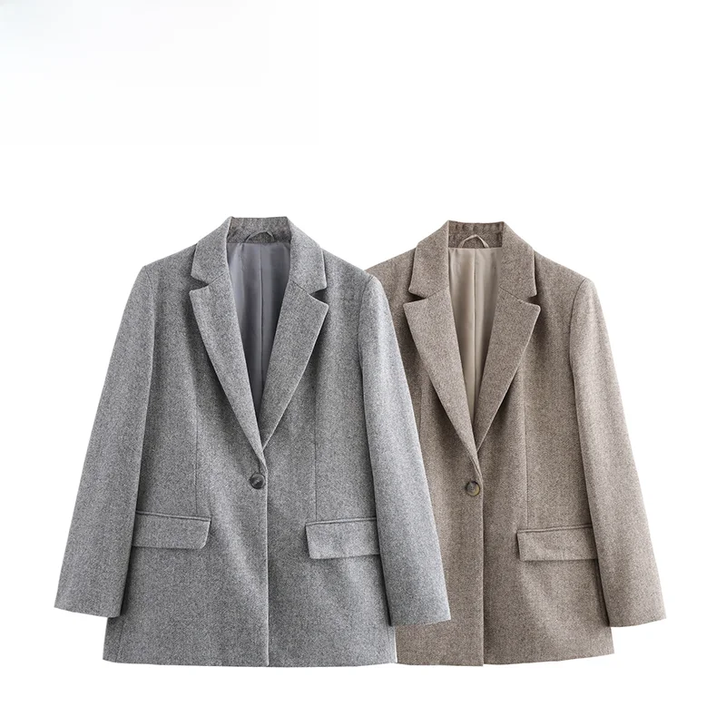 

ZBZA Autumn New Women's Faion Design Wool Blend Twill Suit Jaet Long Sve Tailored Collar Versatile Sle 30483