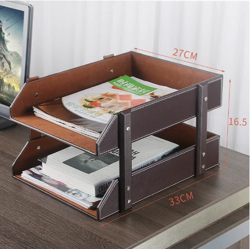 High Grade Leather Double-Layer A4 File Rack Durable Desktop Data Storage Tray Office Business Creative File Holder