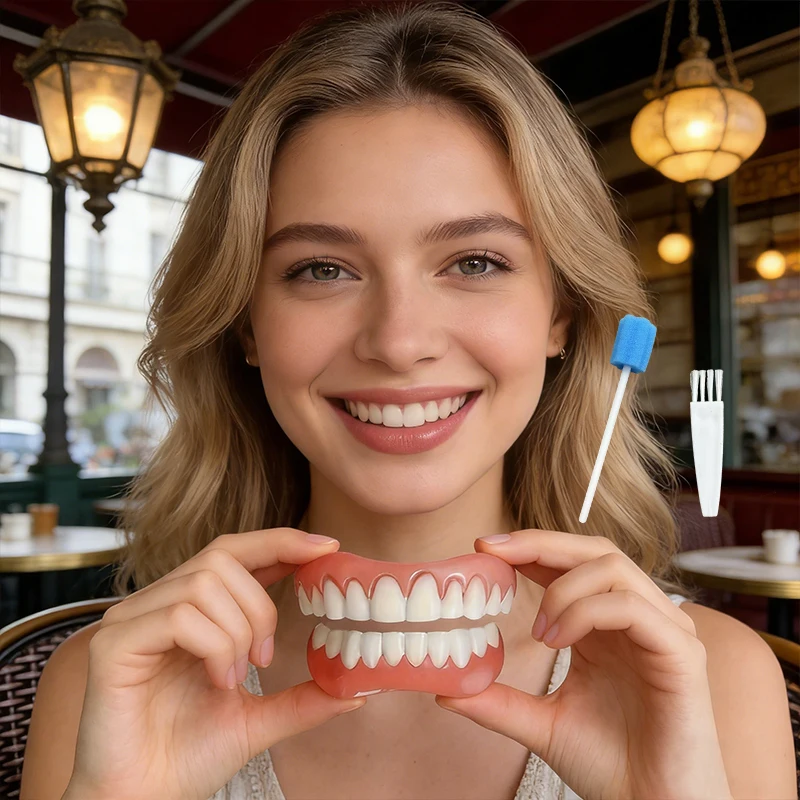 fresh1set Perfect Smile Silicone Dentures Veneers, Comfortable Upper Lower Fake Teeth Braces CK848