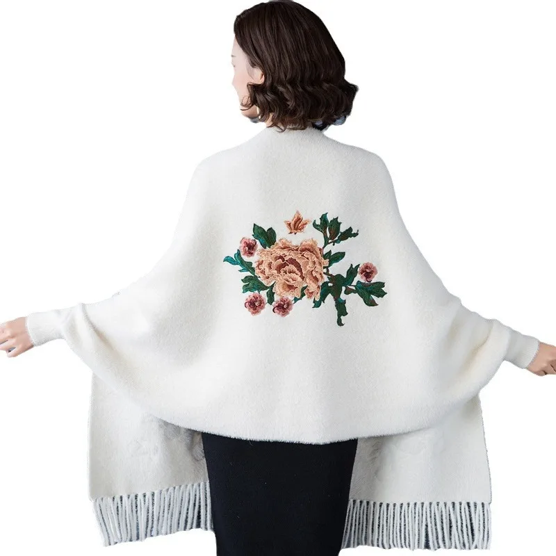 Autumn Floral Tassel Scarf Soft Faux Mink Velvet Poncho Overcoat Women Batwing Sleeves Wrap Cheongsam Shawl Cloak Jacket