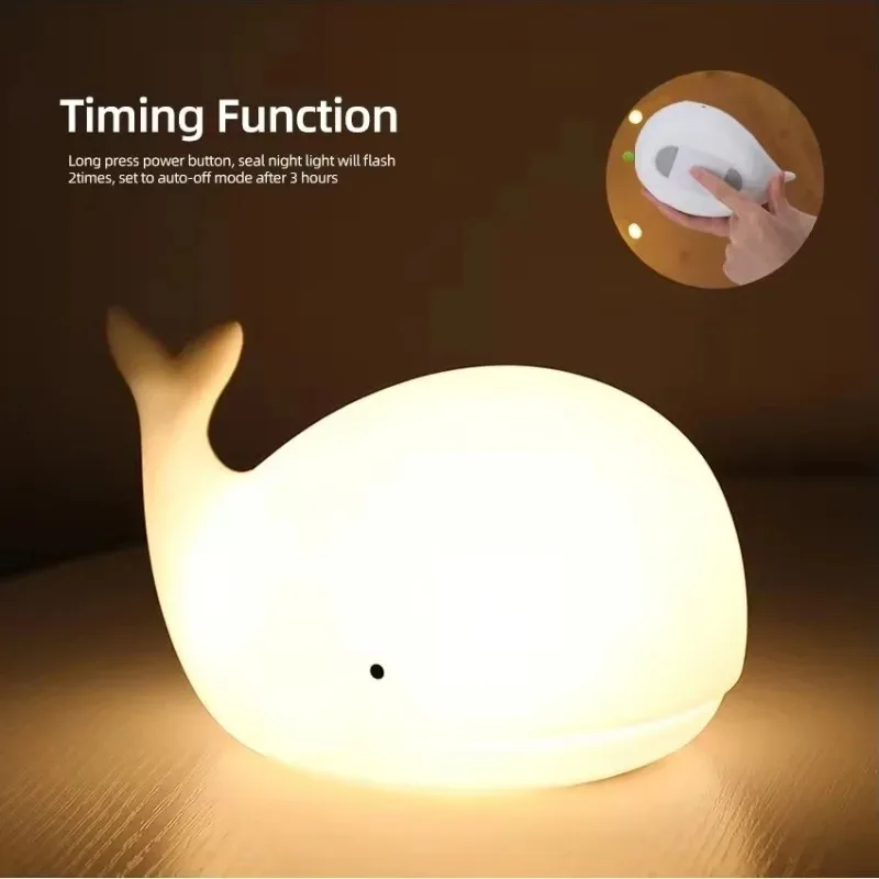 Rechargeable Cartoon Whale RGB LED Night Lights Silicone Light Atmosphere Lamp Bedroom Bedside Decor for Kids Baby Holiday Gifts