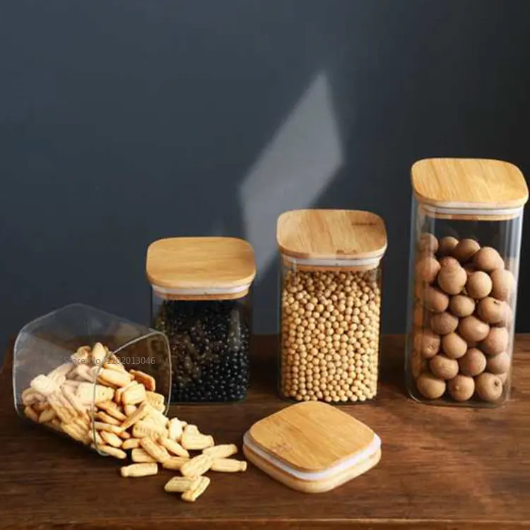 Square Mason Jar with bamboo Cover For Spices Glass Kitchen Container Glass Jars With Lids Jar Kitchen Jars And Lids Wholesale