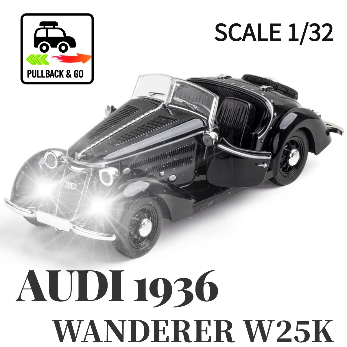 

Audi Wanderer W25K Roadster 1936 Scale 1:32 Pullback Car Toy with Lights Engine Sound Metal Diecast Car Model Gift Kid Boy Toy