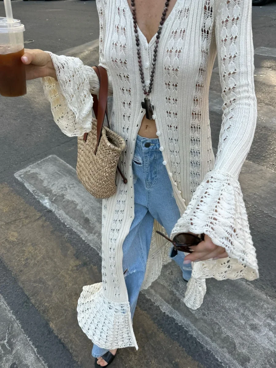 

Hollowed Crochet Knit Long Cardigans for Women Ladies Autumn Chic Flare Sleeves V Neck Buttons Outwear for Streetwear