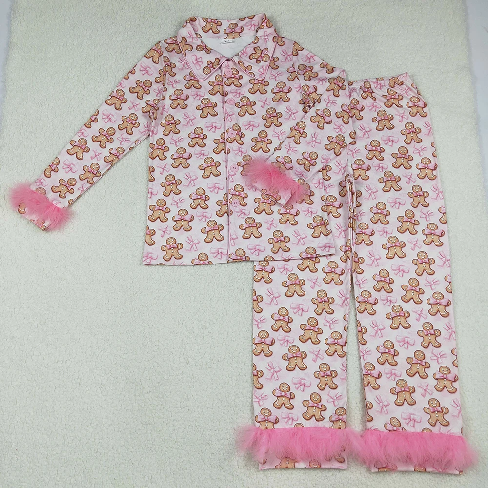 

Рождественский пряничный топ и брюки для взрослых и пижамный комплект с бантом и меховой отделкой, уютная праздничная одежда для сна