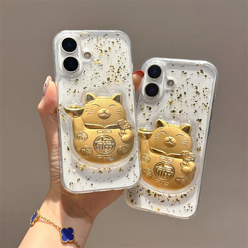 3D Golden Lucky Cat Transparent TPU Phone Protection Case for iPhone 17 Proamx 16plus 15 Pro 14 13 12 11 Innovative Phone Case