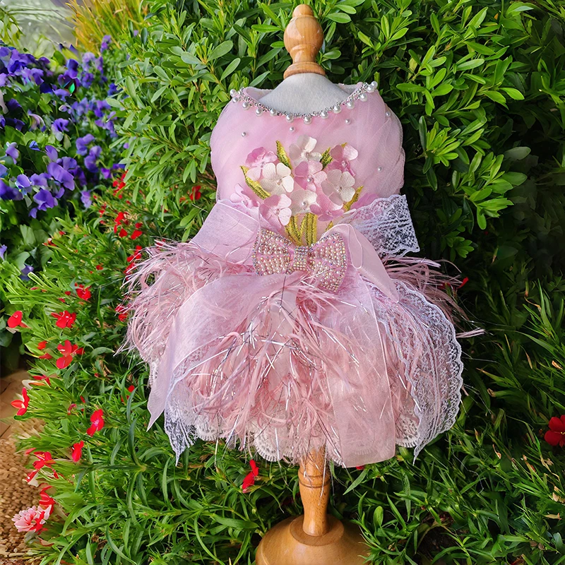 

Luxury Handmade Pet Dog Clothes Original Pink Bright Ribbon Pearl Decorat Princess Dress For Small Medium Dog Poodle Dog's Skirt