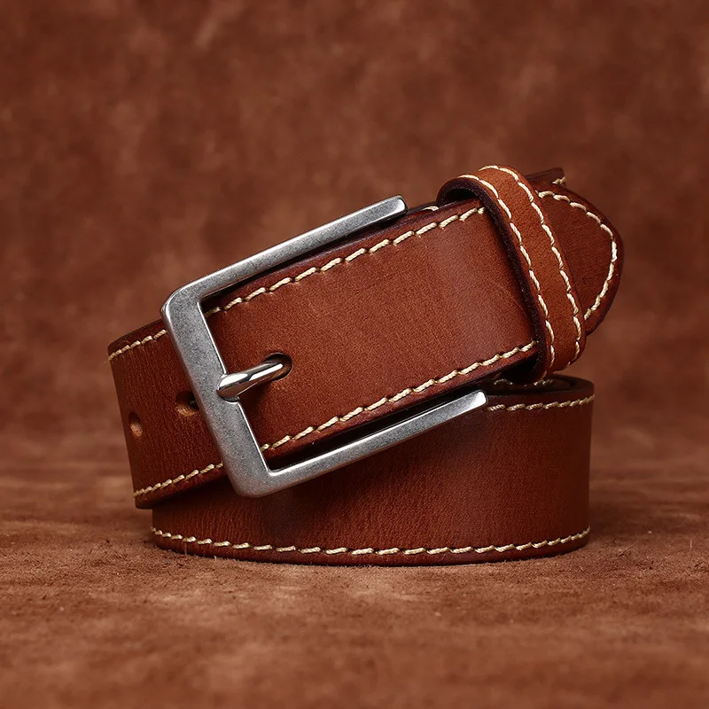3.8CM wide retro top layer cowhide stainless steel buckle belt men's genuine leather pin buckle versatile casual jeans belt