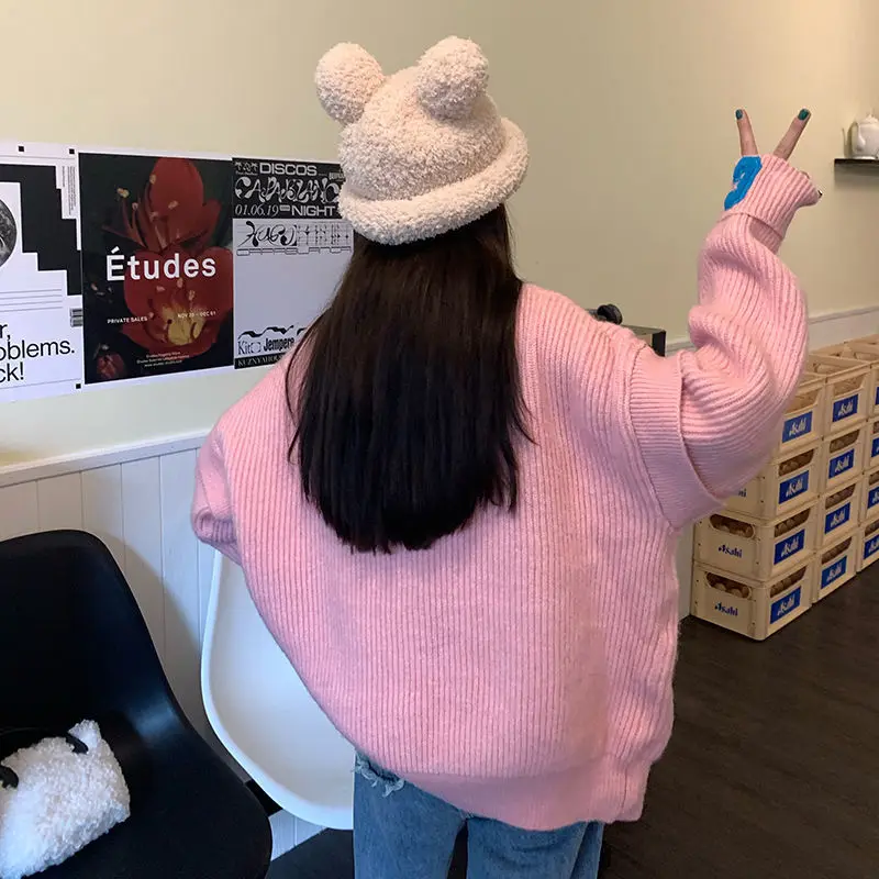 Korean Solid Color Loose Knitted Cardigan Female Clothing Letter Casual Autumn Winter Turtleneck Basic Fashion Zipper Sweaters