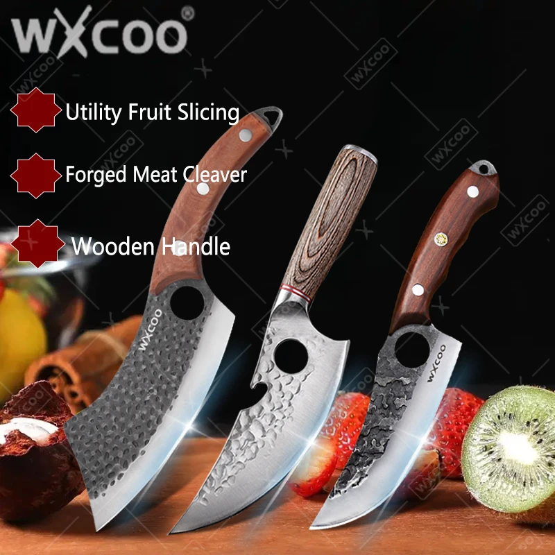 WXCOO Geschmiedetes Metzgermesser aus Edelstahl, multifunktionales Küchenmesser, Flaschenöffner, Obst, Schneiden, Fleisch, Hackmesser, Holzgriff
