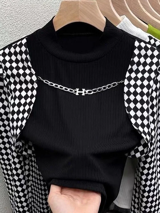 

Faionable Sweet And Spicy Girl Chboard Pattern Two-Piece Look Base irt Women's Inner Wear Sli Autumn Winter Top