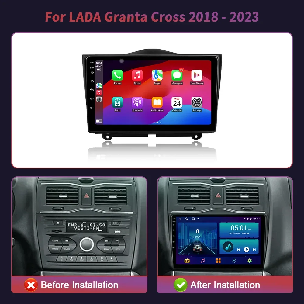 Android 14 For LADA Granta Cross 2018-2023 Car Radio Player Auto Wireless Carplay 4G wifi GPS Stereo Multimedia Video Navigation