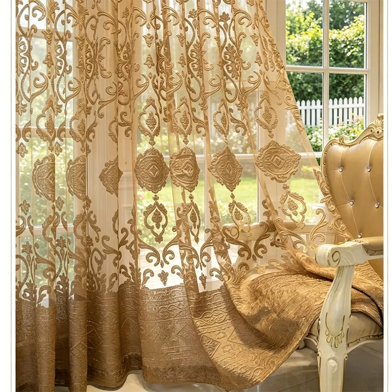 High-end Luxury European Style Large Hollow Villa Brown Curtain Embroidered Yarn Custom Size  for Living Dining Room Bedroom