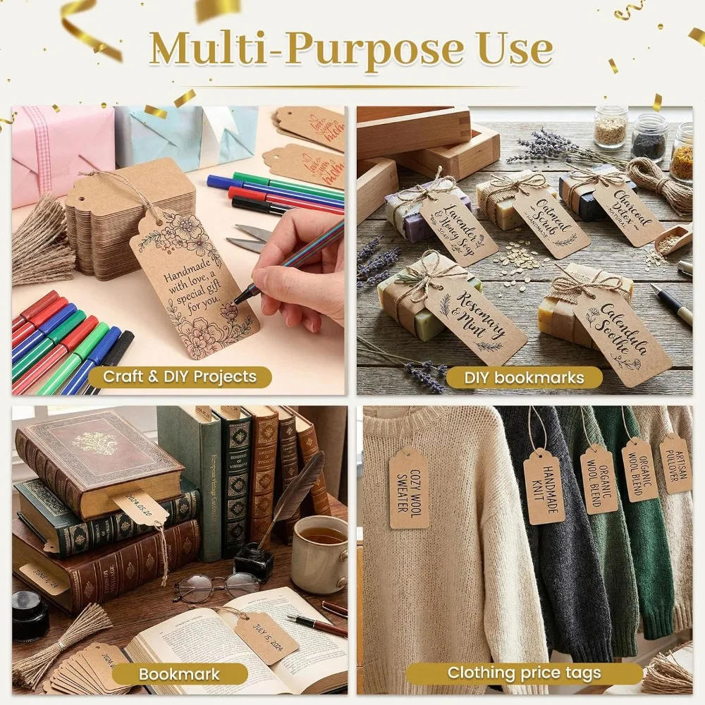 100 Pack Large Kraft Gift Tags with Jute String, 2x4 inch Scalloped Edge, Pre-Punched for Easy Use, Retail Tags & DIY Bookmarks