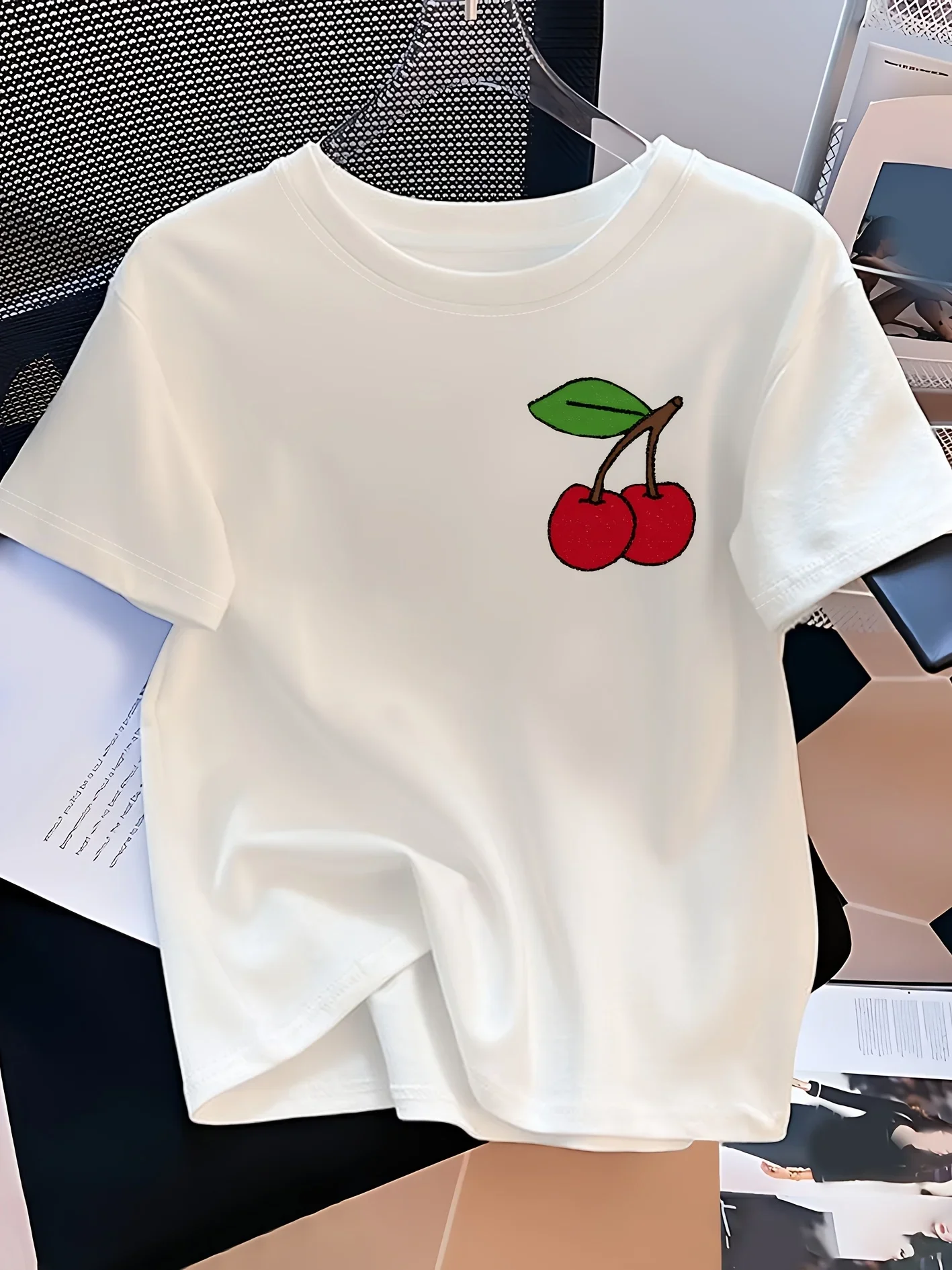 

Women's Casual Short Sleeve T-Shirt with Left Chest Red Cherry Print Round Neck for Casual Attire Vacation Summer Woman Clothing
