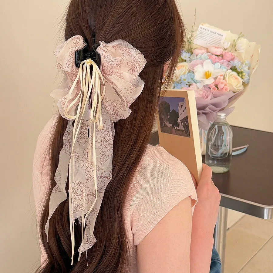 Small Metal Rose Ribbon Hair Claw Clip French Soft Elegant Updo Back Head Ponytail Holder for Women Daily Comfortable Pink