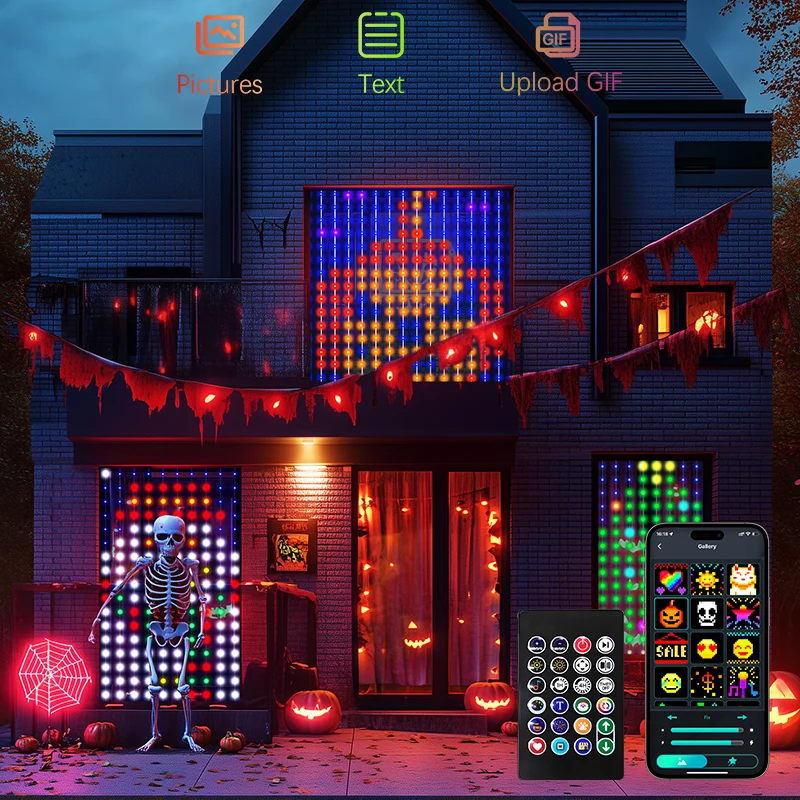 مصابيح ستائر ليد لعيد الميلاد ، تحكم بتطبيق ذكي ، نمط نص ذاتي الصنع ، عرض رسوم متحركة ، ضوء تغيير الموسيقى ، إكليل ، ديكور المهرجان