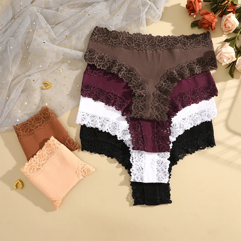 3PCS Women Cotton Brazilian Panties Lace Sexy Girls Underwear Low Waist Solid Color Briefs Female Breathable G-String Lingerie