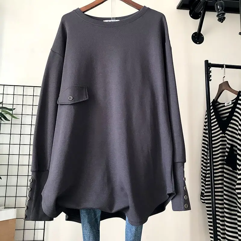 2023 Spring Autumn Solid Color Fashion Round Neck T-Shirts Women High Street Long Sleeve Button Mid-length All-match Pullovers