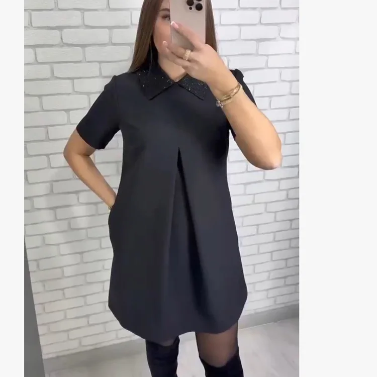 

Summer European And American Foreign Trade Women's Clothing Cross-Border Lapel Solid Color French Slim-Fit Elegant Short Dress