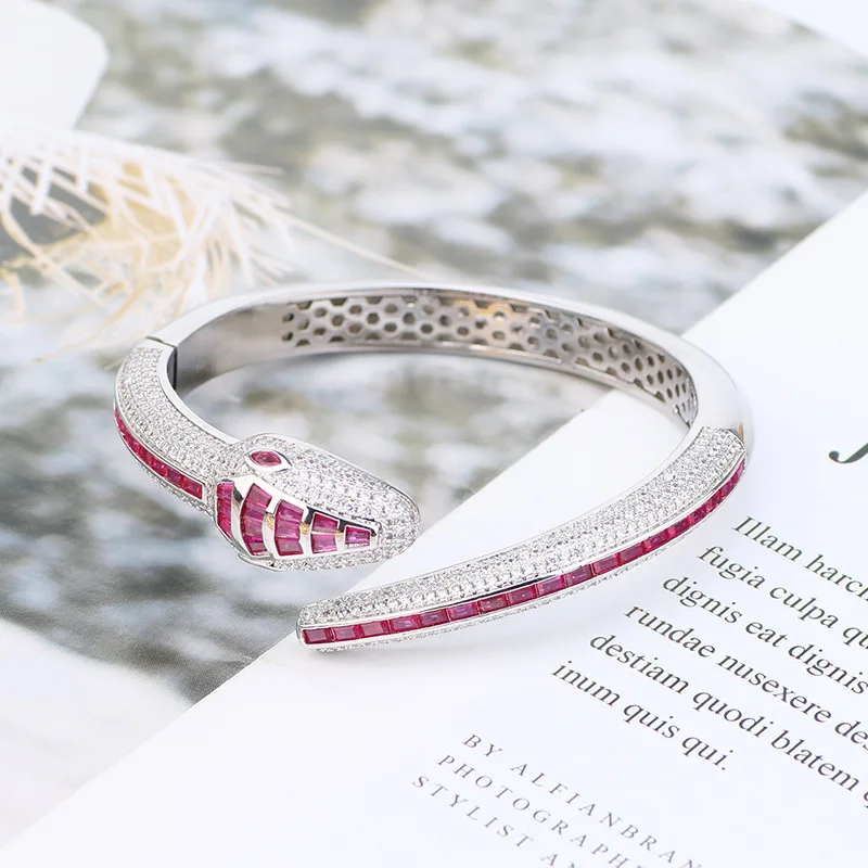 Europe America Luxurious Style Bracelet Women Lady Plated Gold Color Inlay Colored Cubic Zircon Snake Snakelike Open Bangle