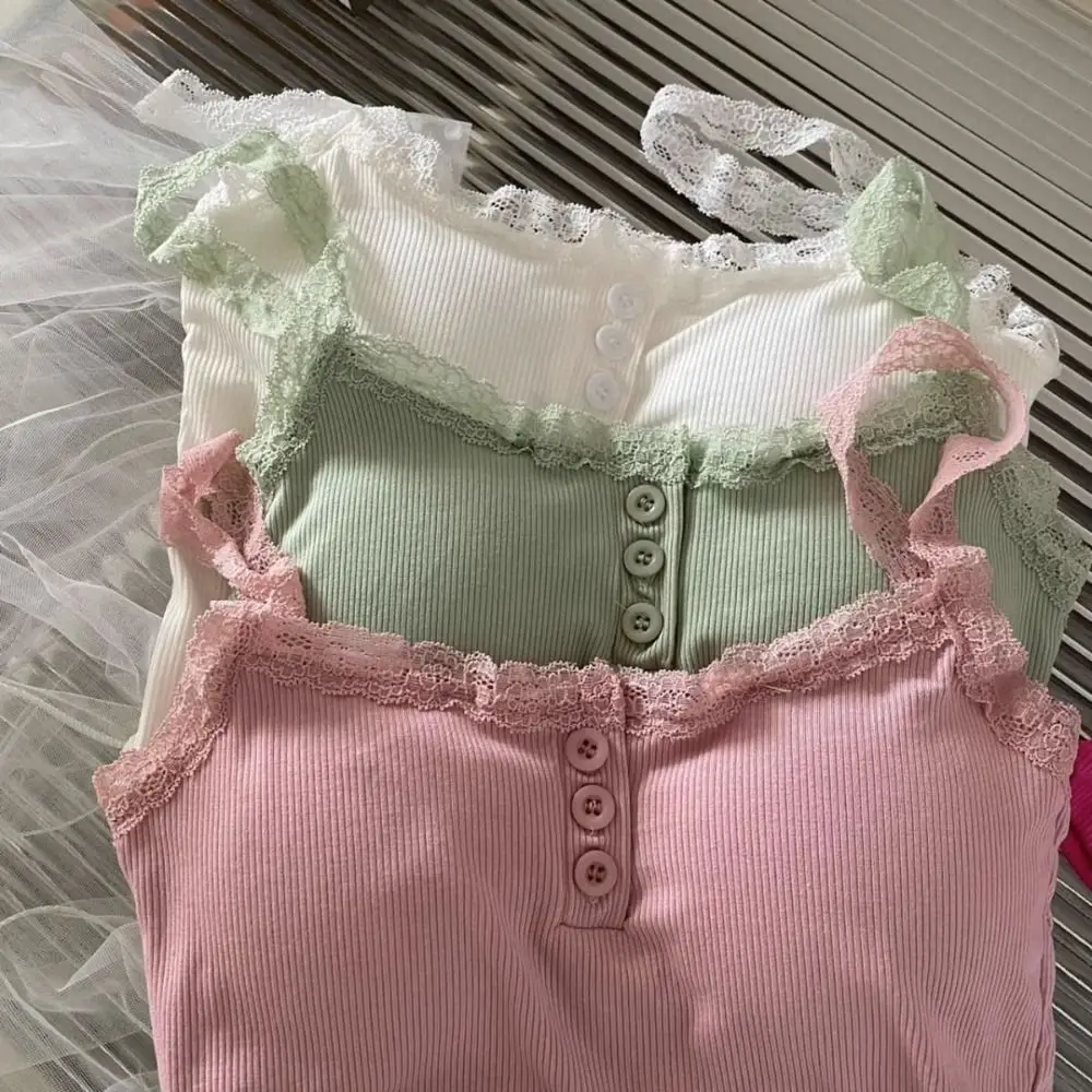 New Cotton Lace Camisole Breathable Lace Trim Push Up Bra Solid Color Underwear with Chest Pad