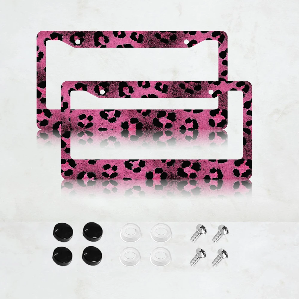 

2PC 2-Hole License Plate Frame Pink Leopard Print Aluminum 6x12 Inches with Screws, USA Canada Mexico Standard Size
