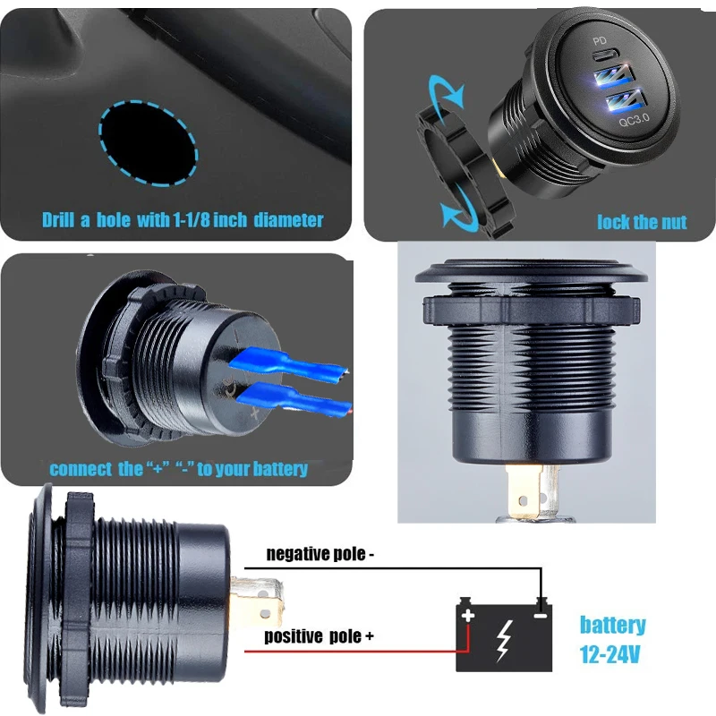 Car Charger 12v built-in usb car usb outlet 3.0 socket type-c Super adapter car Outlet Fast Charging for 24V Truck Motorcycle