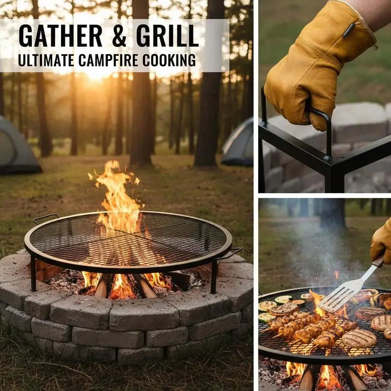 Black Round Cooking Grid 36 Inch For Campfire Party Gathering Heavy Duty Steel Support X Wire Handle Portable Camping Cookware Outdoor Backyard Picnic BBQ Accessory High Capacity Grill Surface Metal Mesh Replacement Outdoor Culinary Tool view 3