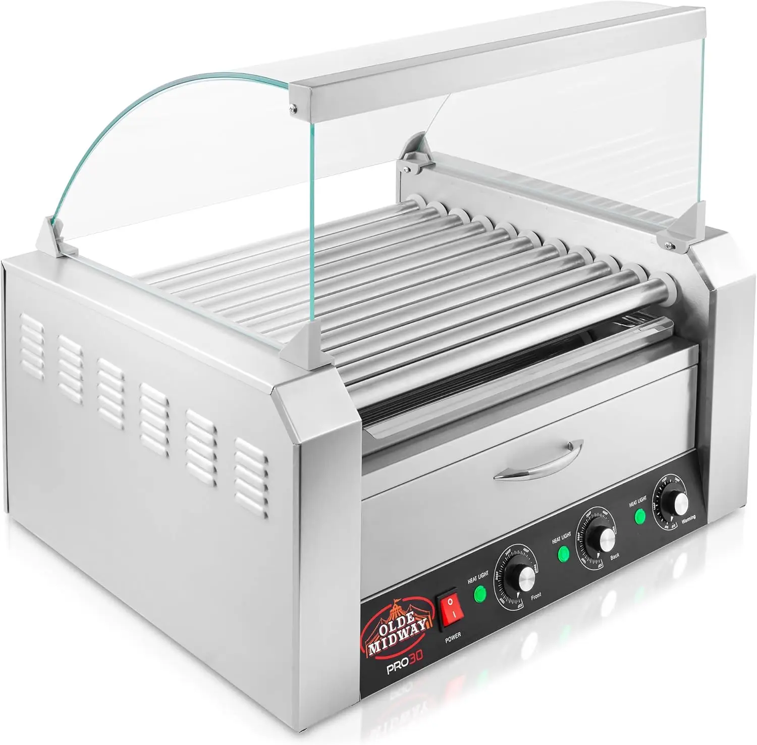 Electric 30 Hot Dog 11 Roller Grill Cooker Machine With Bun Warming Drawer And Cover - Commercial Grade, Stainless Steel