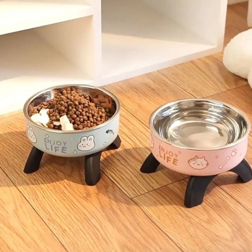 Stainless Steel Cat High Footed Bowl Neck Protection Cartoon Printed Cat Elevated Bowls Anti Slip Large-Capacity