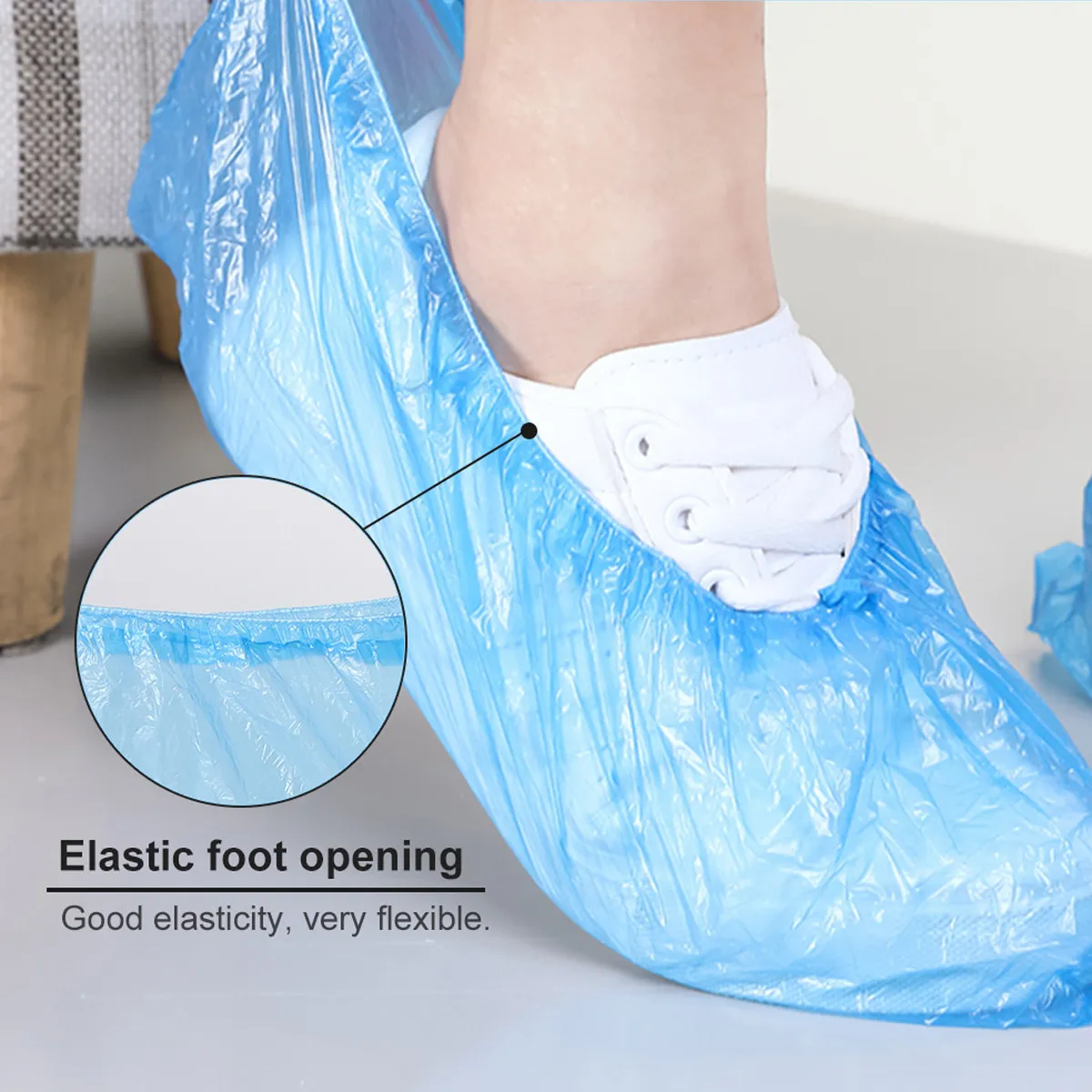 

100Pcs Disposable Overshoes Blue Polyethylene Shoe Covers One Size Elasticated for Home Hotel Office Car Carpet Cleaning Use