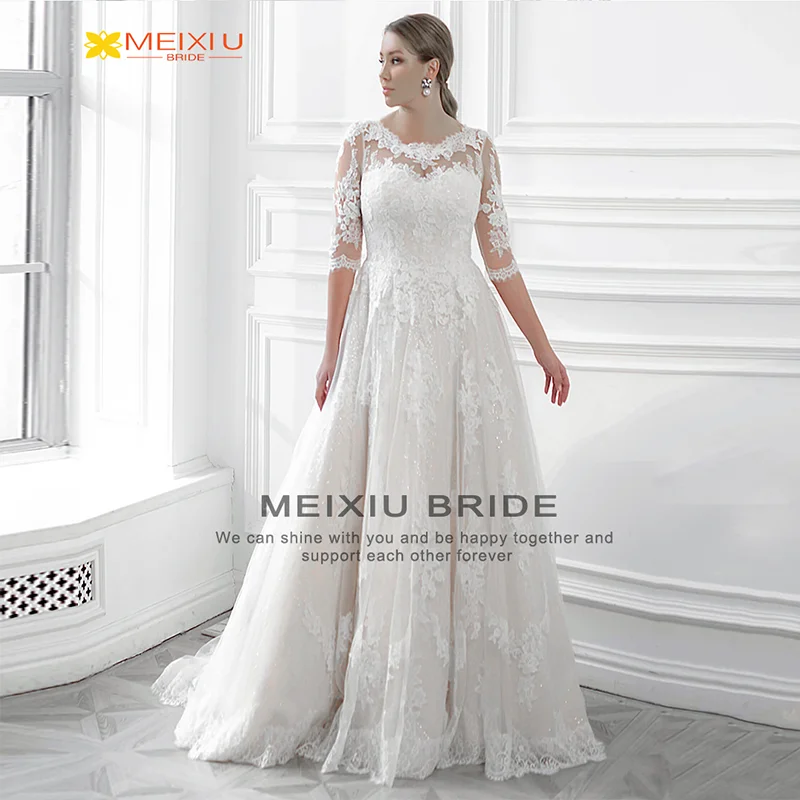 New Applique Mid-Sleeve Crewneck Wedding Dress Custom Sparkling Lace Floral Design A-Line Train Beautiful Bridal Gowns