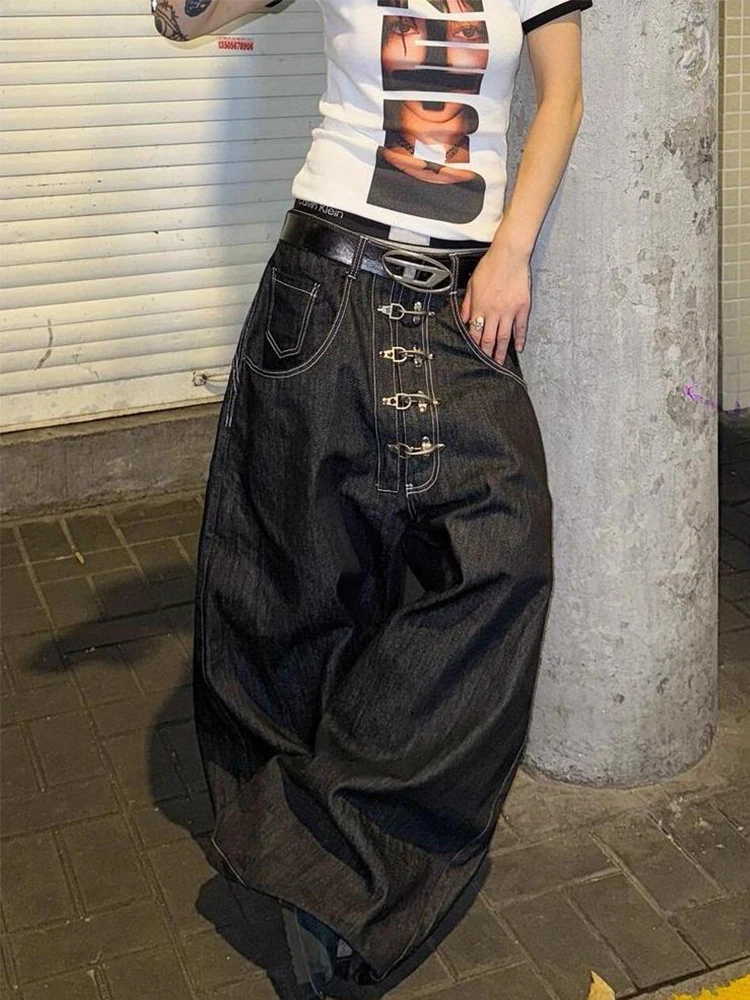 جينز عتيق بإبزيم معدني مغسول منحني واسع الساق جينز نسائي عالي الخصر مستقيم فضفاض من قماش الدنيم موضة الشارع جينز تنظيف #4