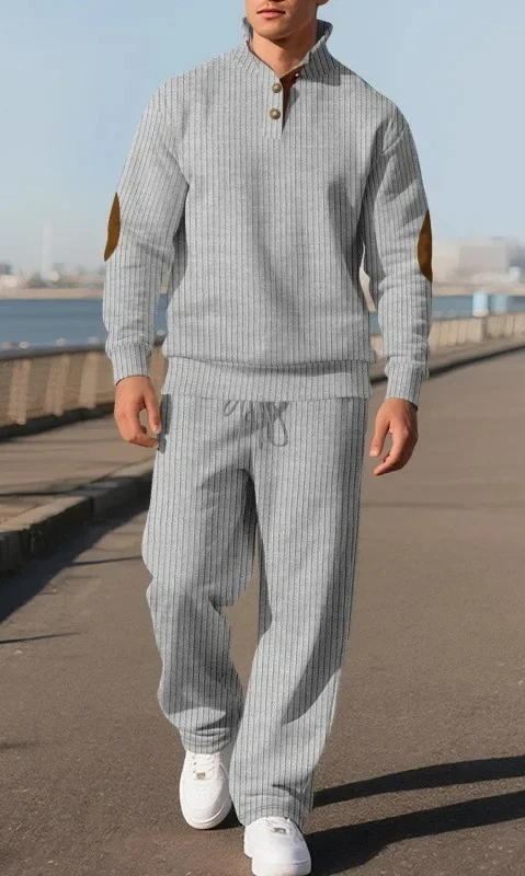 

25 новых мужских повседневных брюк Amazon с воротником-стойкой, универсальный осенний комплект трикотажной рубашки в жаккардовую полоску