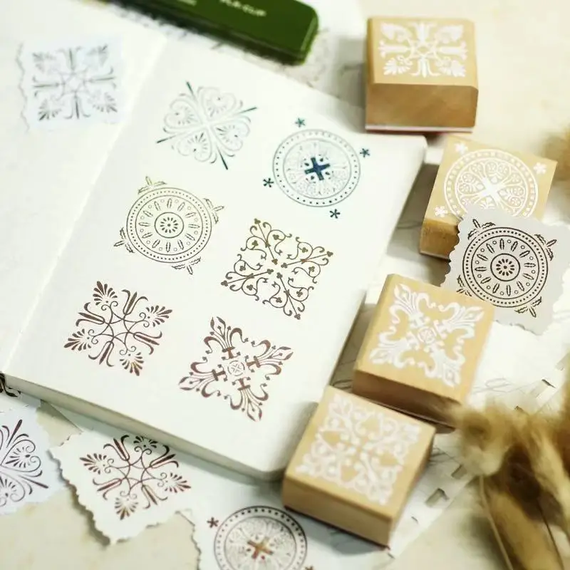 Seal Scraping Classic Retro Square Wood Retro Pattern Lace Series Beautiful 6 Models Kawai Stationery Lovely Office Supplies
