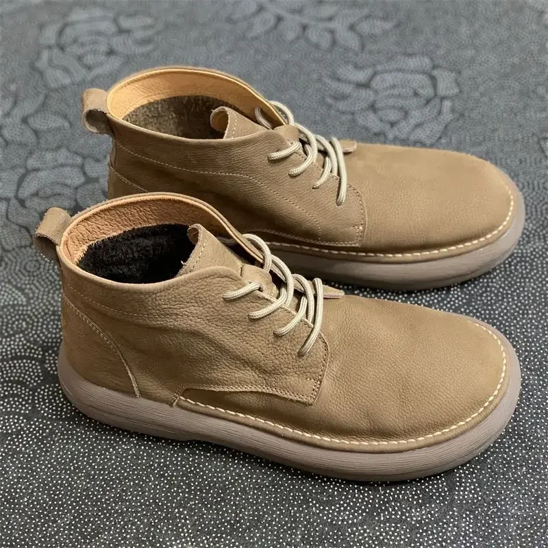 

Careaymade-Genuine Leather Wide toe plush warm boots medium top men's boots winter thickened cotton shoes cowhide short boots