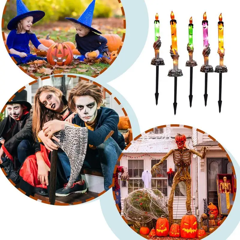 5pcs Solar Powered Waterproof Candle Lamp Light Multifunctional Halloween Pathway Light Outdoor Stake Light For Sidewalks Fences