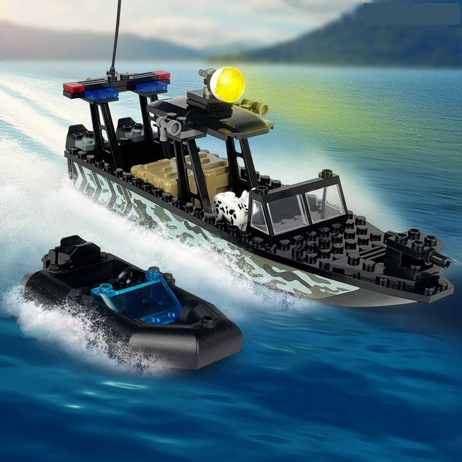 Building blocks, boats, patrol boats, rubber boats, speedboats, model children, boys, assault boats, assembled small particles,