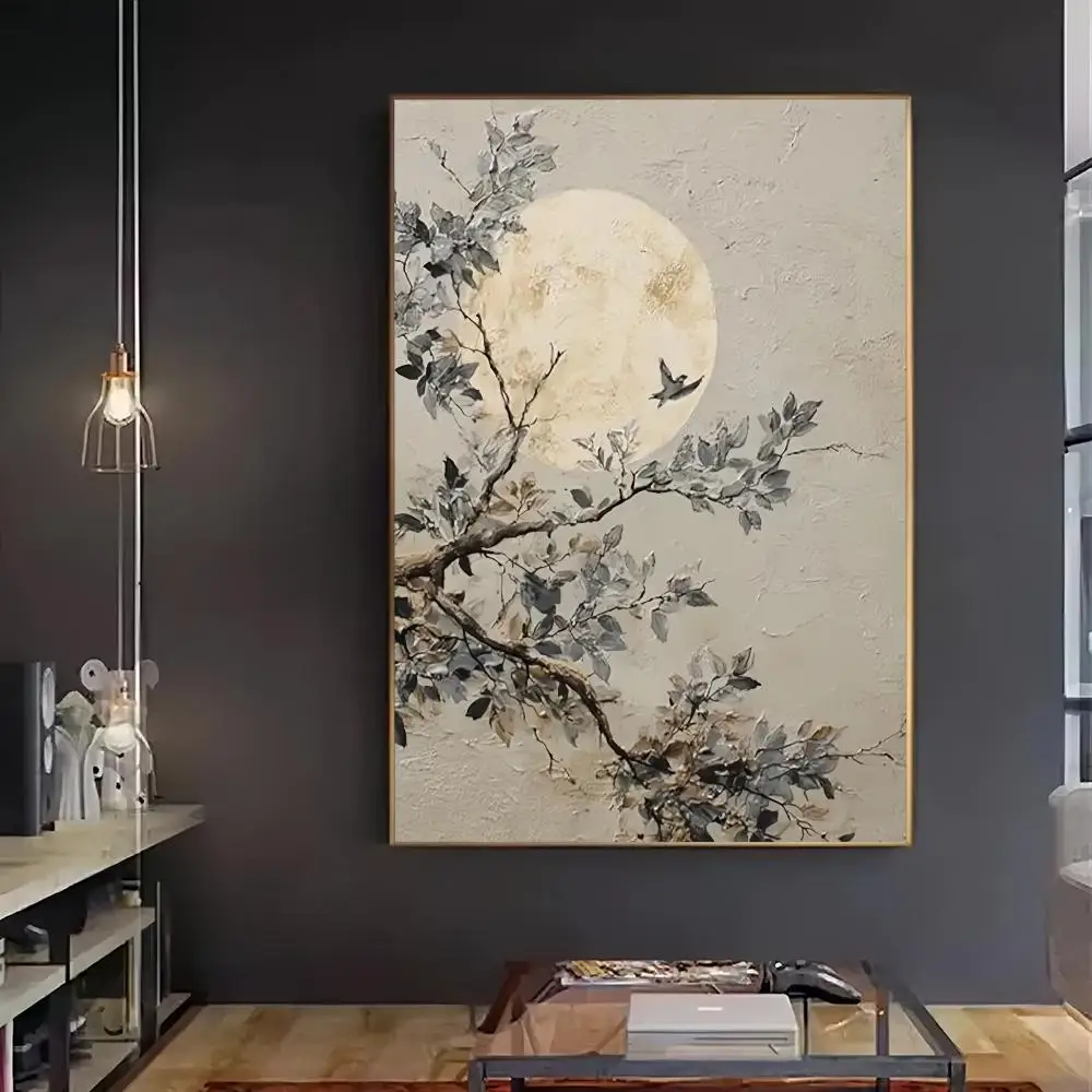 Wabi-Sabi Nature HD Wall Art Poster Glowing Full Moon Gnarled Tree Branch Impasto Painting Minimalist Home Decor Gift